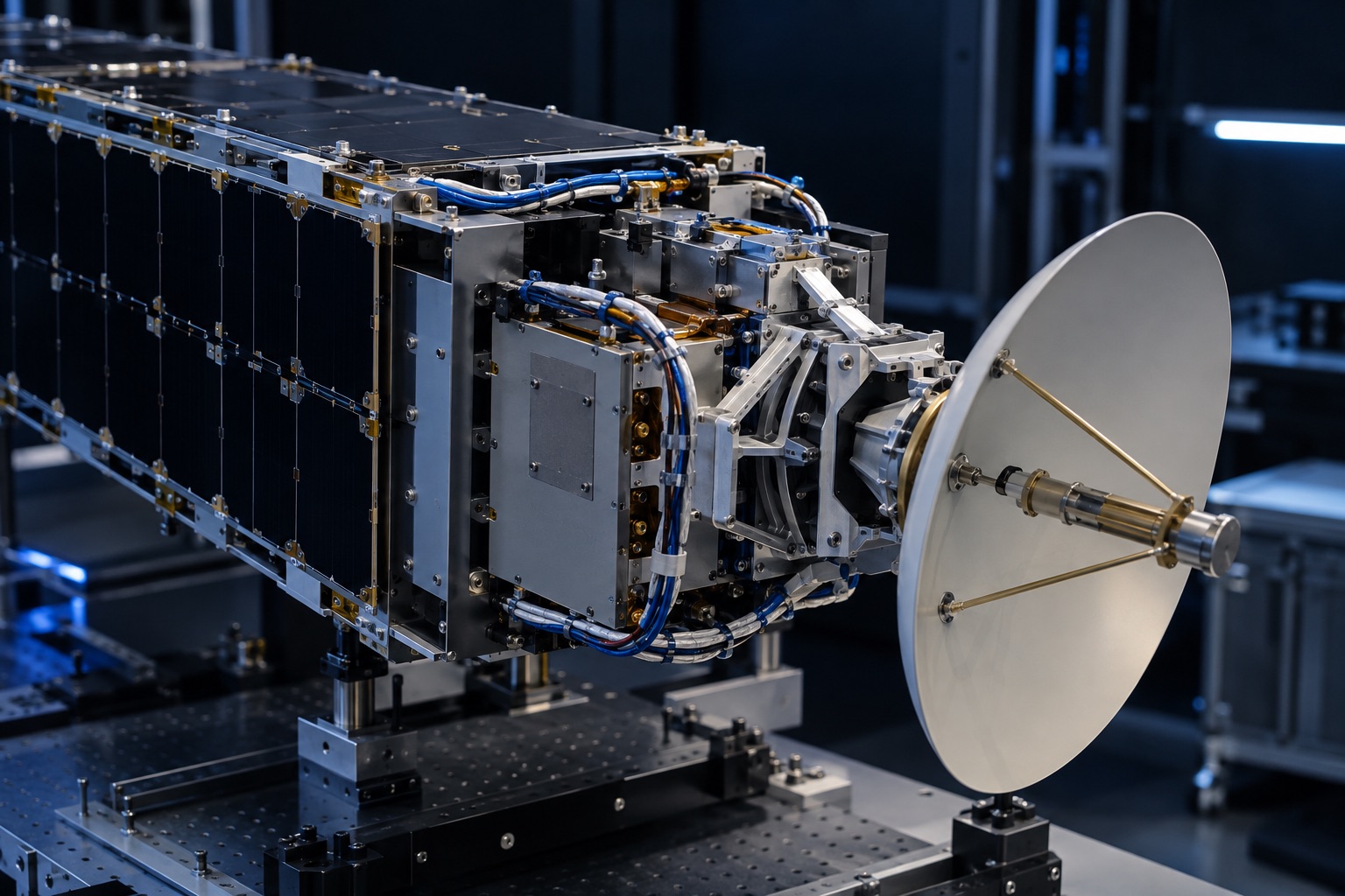 Satellite avionics and antenna hardware undergoing laboratory integration